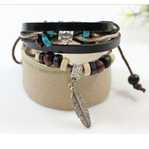 Set of 2 Leather Bracelets with beads and charms